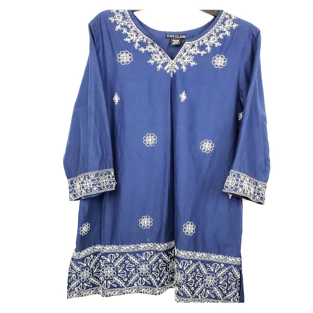Just Class Navy Blue Embroidered Tunic 3/4 Sleeves